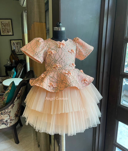 Peach Sequence Peplum Jungle Dress