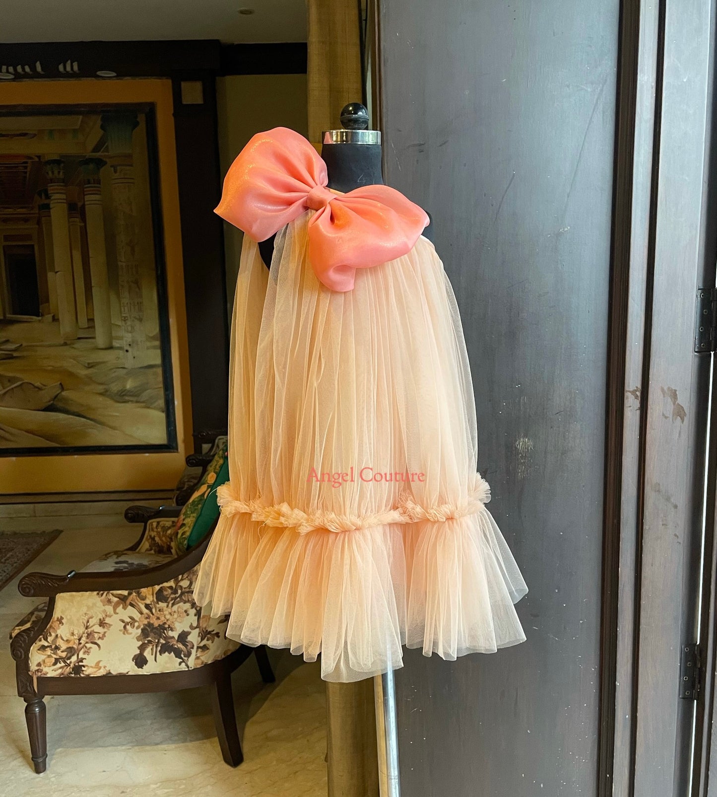 Peach One Shoulder Bow Dress