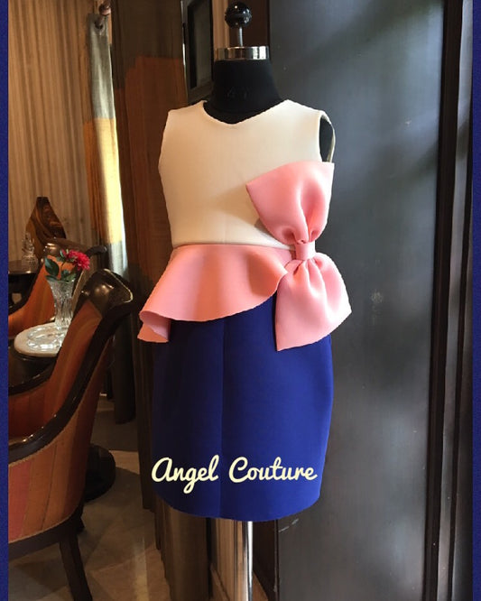 Ivory Lotus And Royal Blue Pencil Dress
