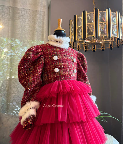 Red Christmas Fur Tweed Dress
