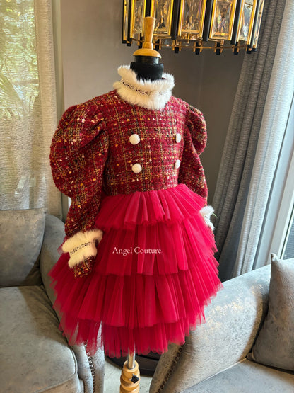 Red Christmas Fur Tweed Dress