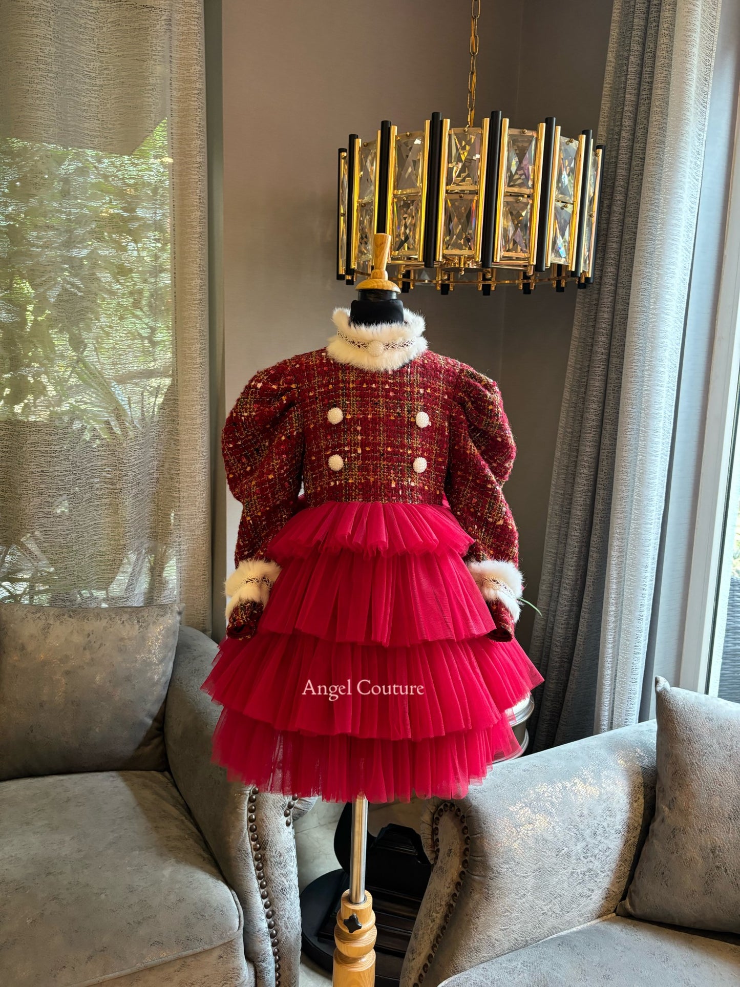Red Christmas Fur Tweed Dress