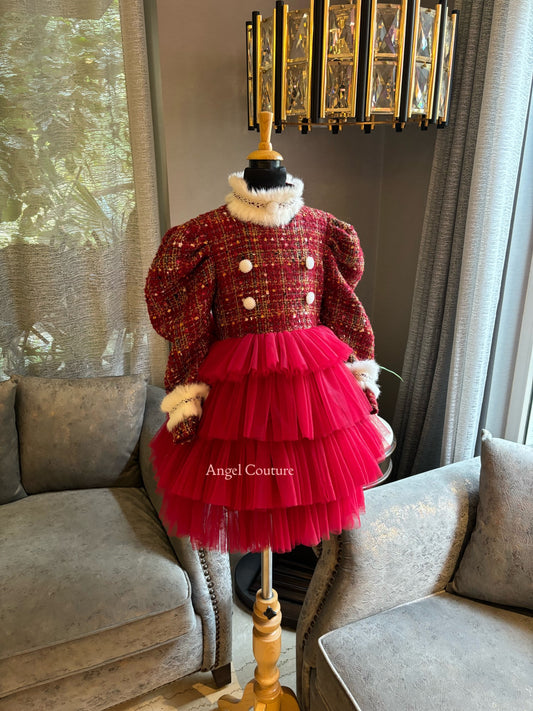Red Christmas Fur Tweed Dress