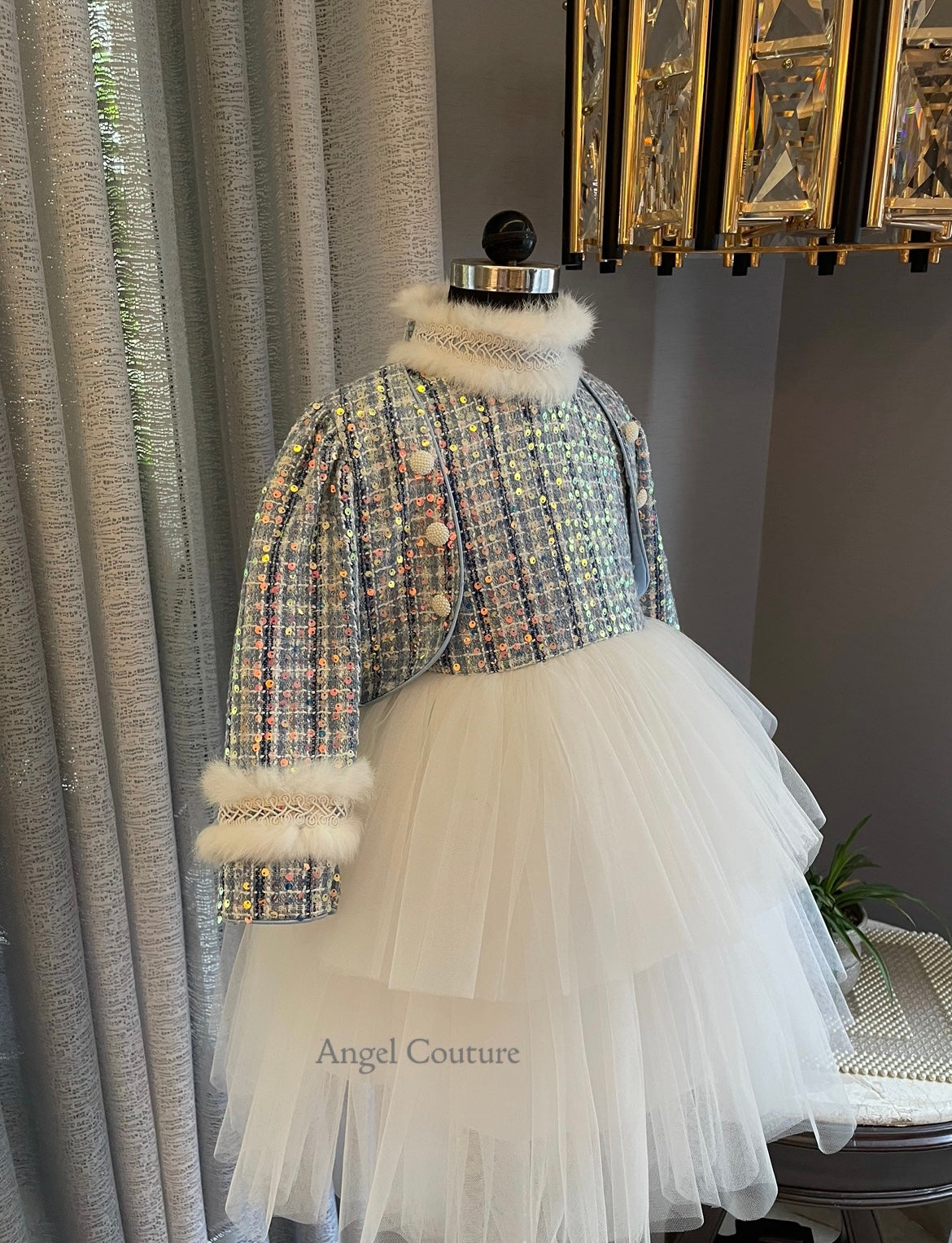 Ivory Blue Check Tweed Dress