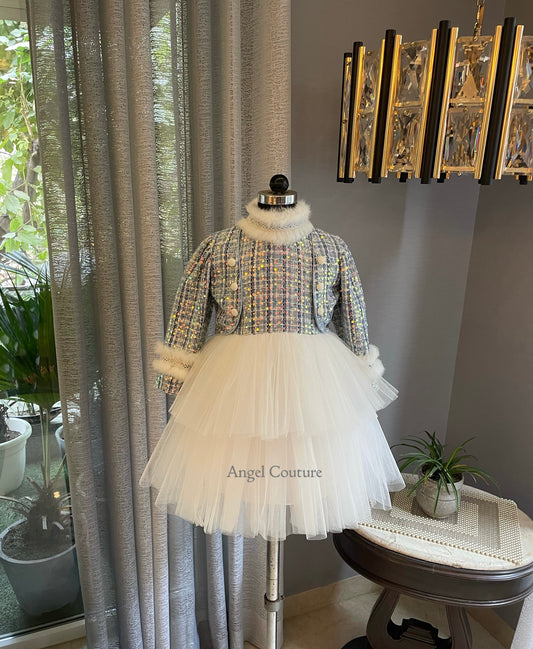 Ivory Blue Check Tweed Dress