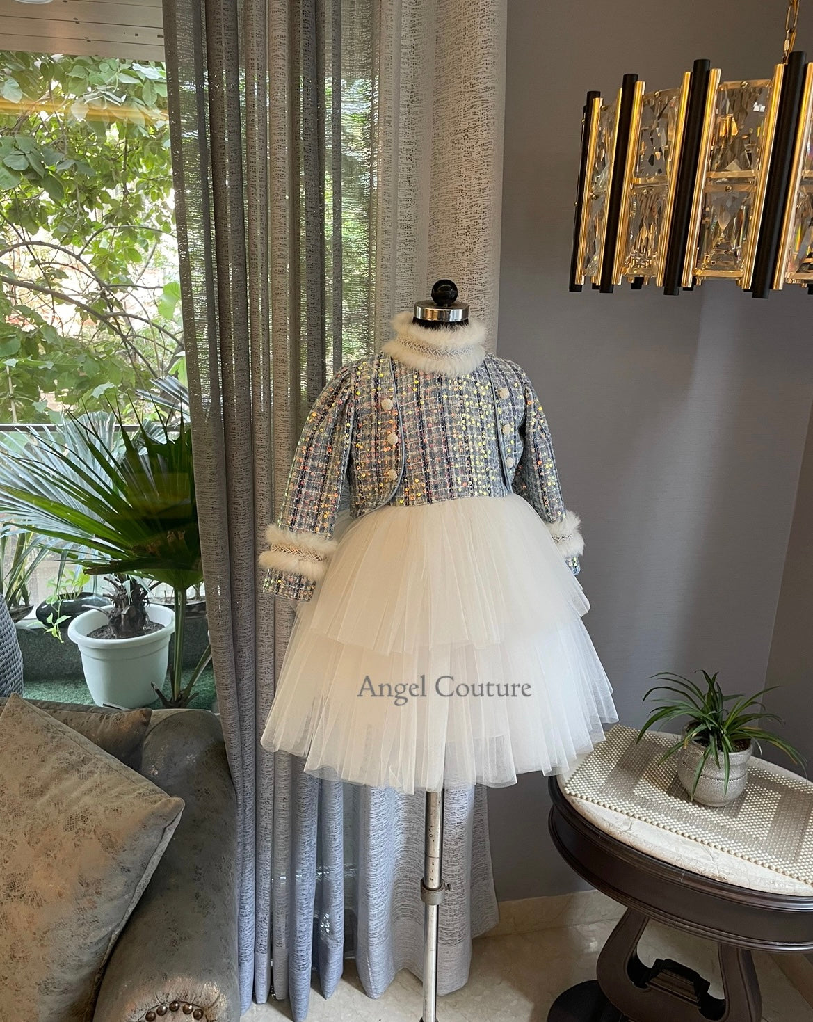 Ivory Blue Check Tweed Dress