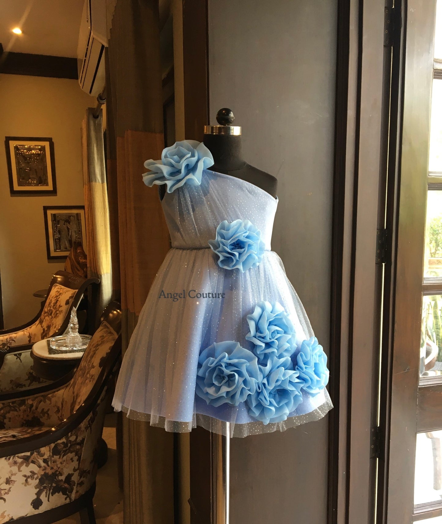 Powder Blue One Shoulder 6 Rose Dress