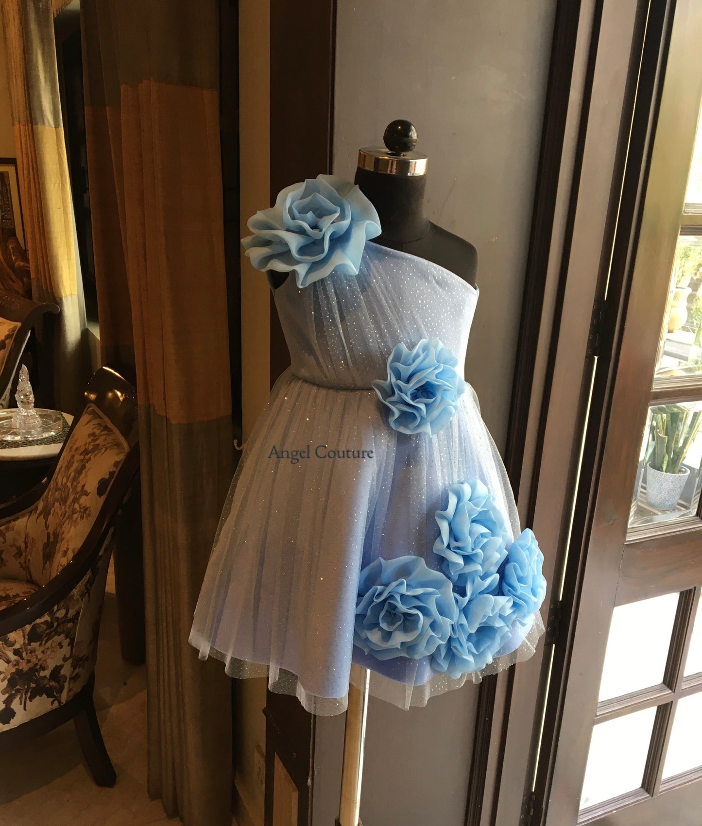 Powder Blue One Shoulder 6 Rose Dress