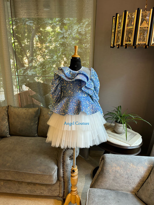 Powder Blue Sequence Velvet Peplum Dress
