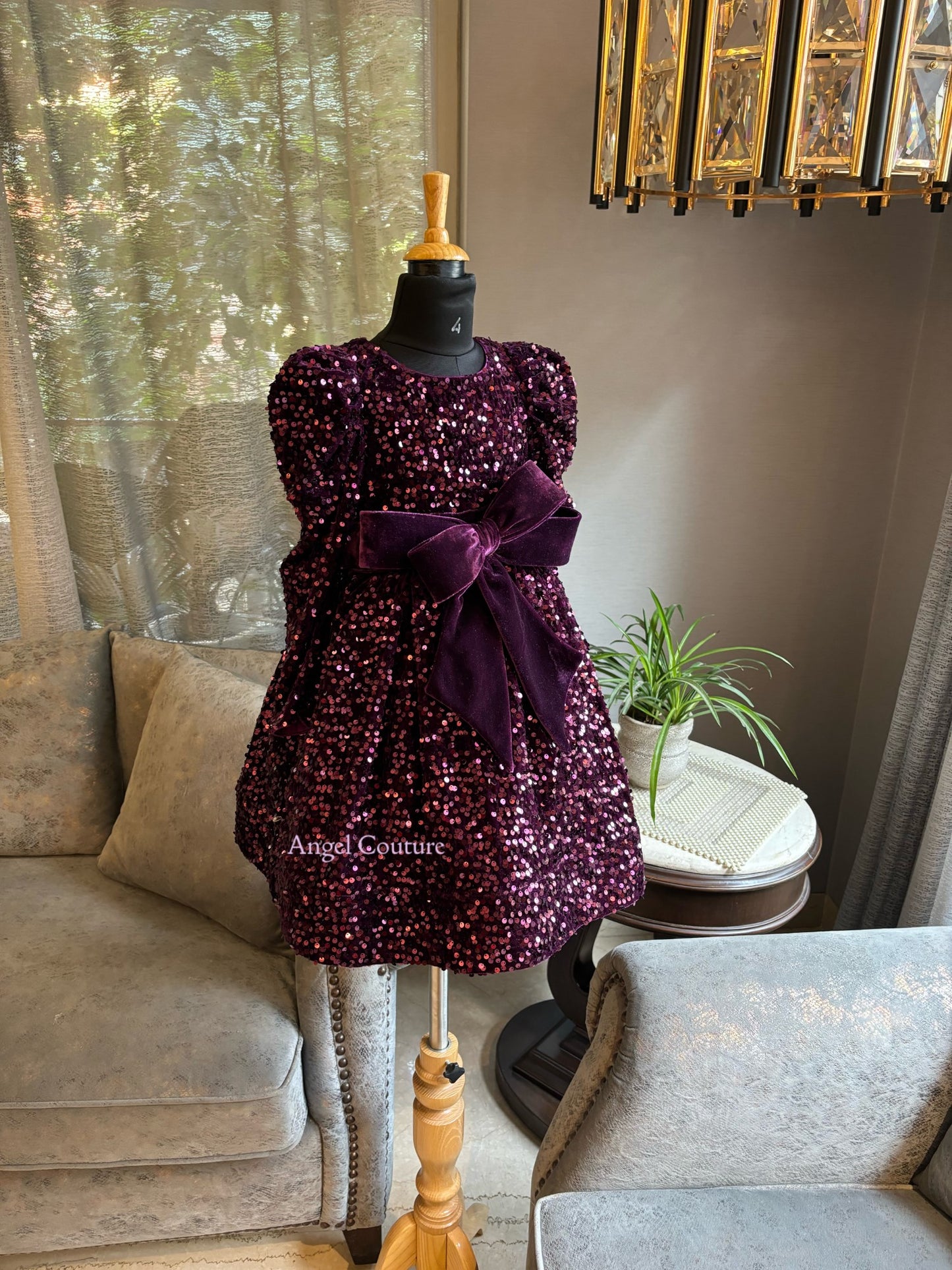 Purple Sequence Velvet Bow Dress