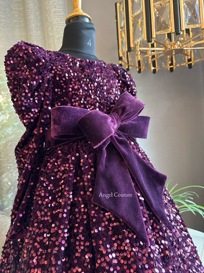 Purple Sequence Velvet Bow Dress