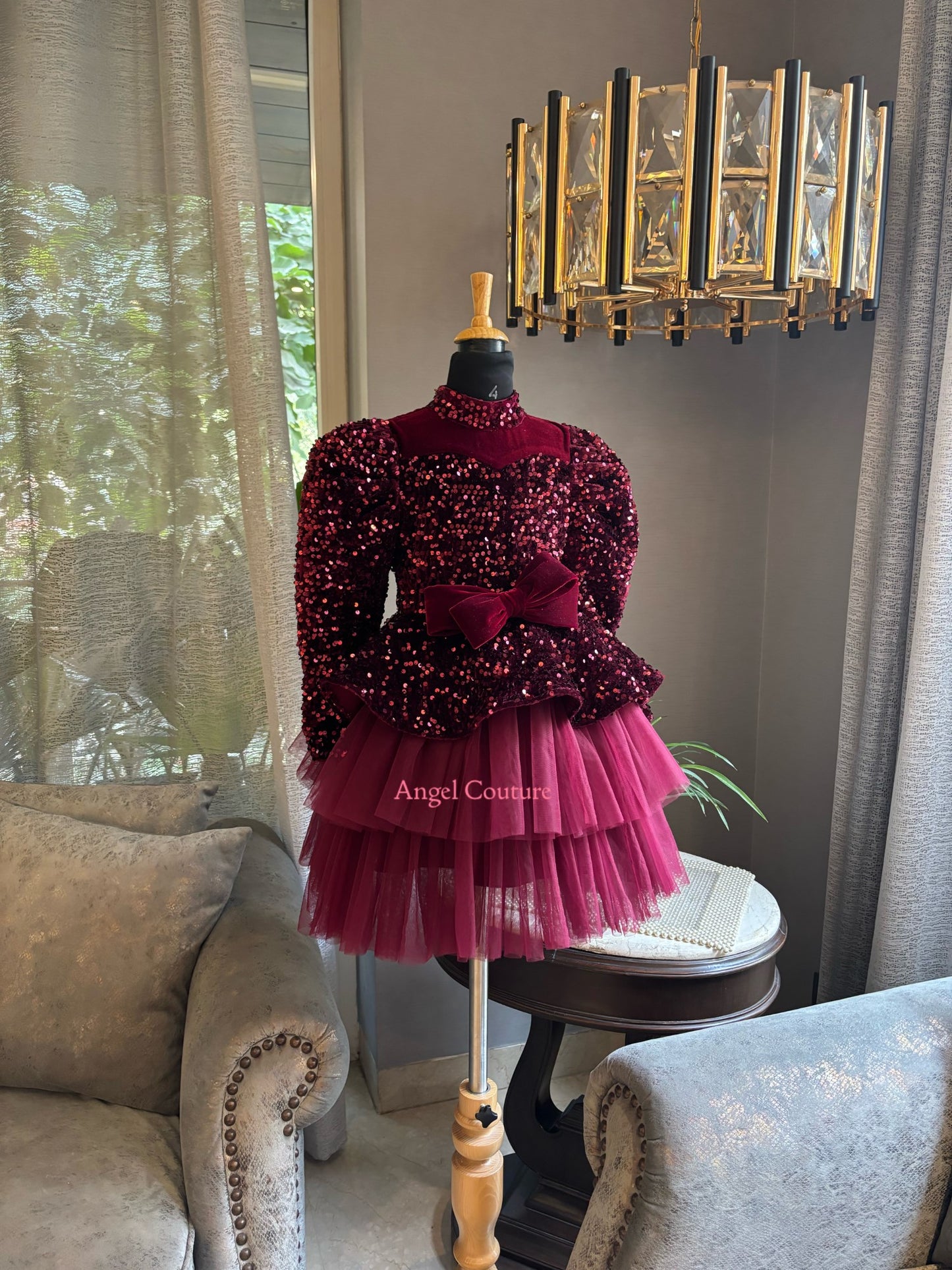 Maroon Sequence Velvet Bow Peplum Dress