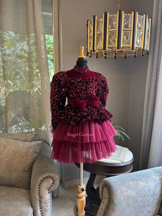 Maroon Sequence Velvet Bow Peplum Dress