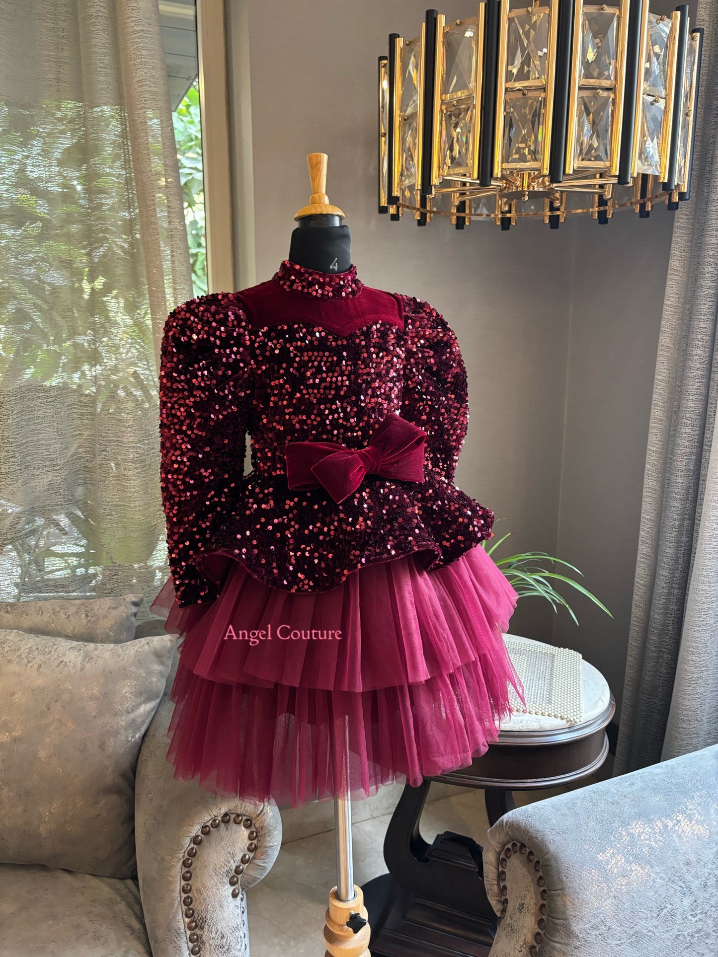 Maroon Sequence Velvet Bow Peplum Dress