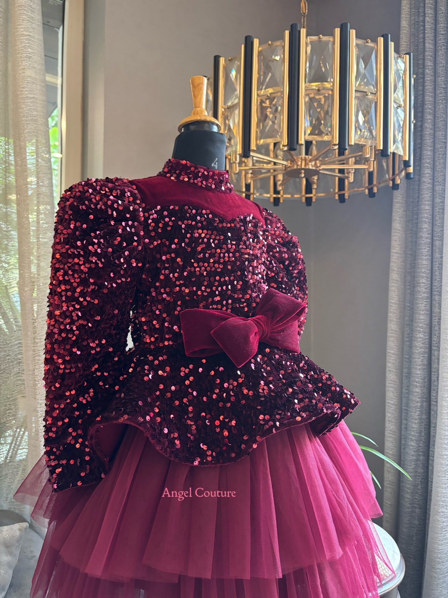 Maroon Sequence Velvet Bow Peplum Dress