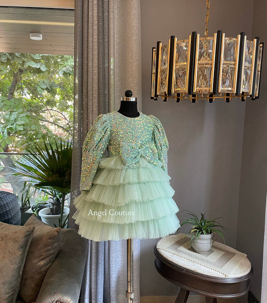 Mint Green Sequence Velvet Multilayer Dress