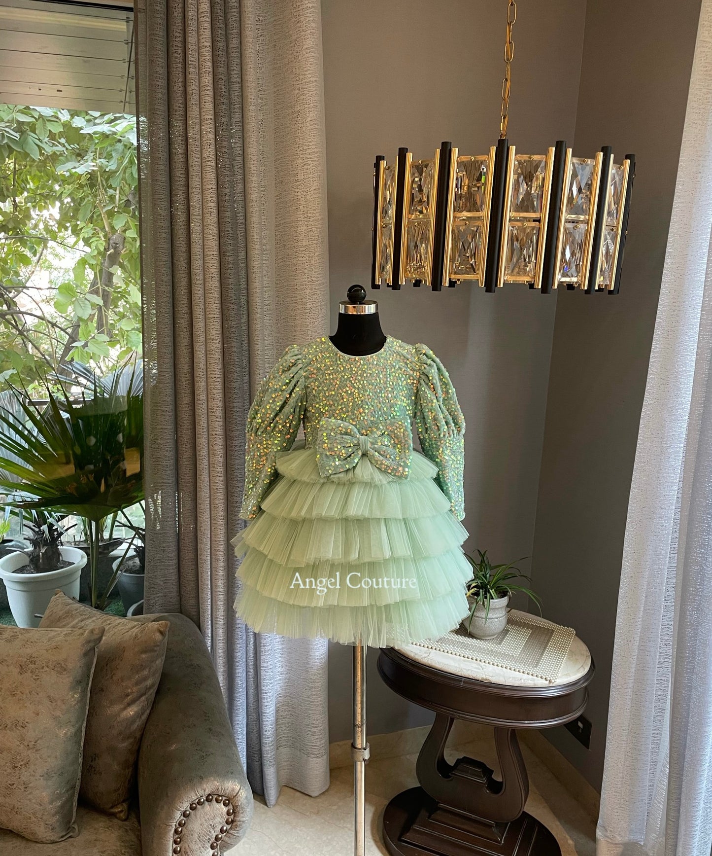 Mint Green Sequence Velvet Multilayer Dress