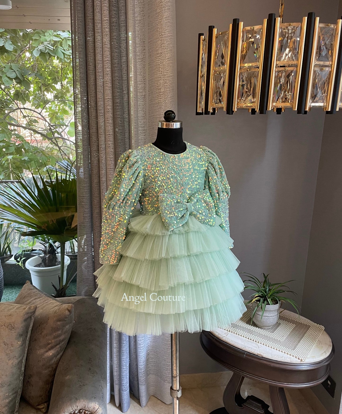 Mint Green Sequence Velvet Multilayer Dress