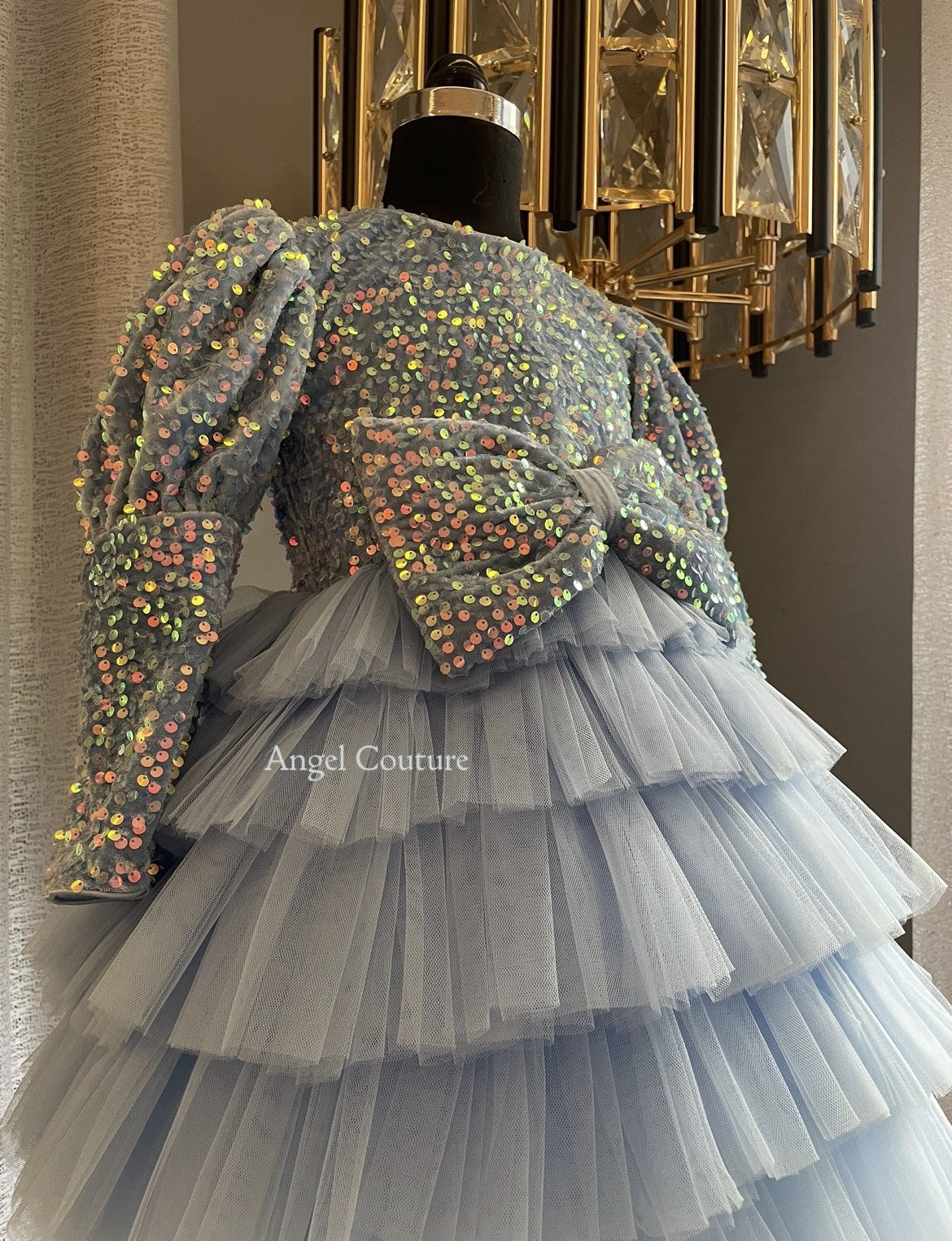 Powder Blue Sequence Velvet Multilayer Dress