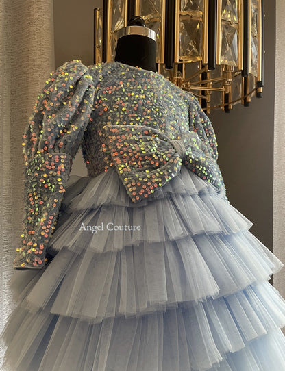 Powder Blue Sequence Velvet Multilayer Dress