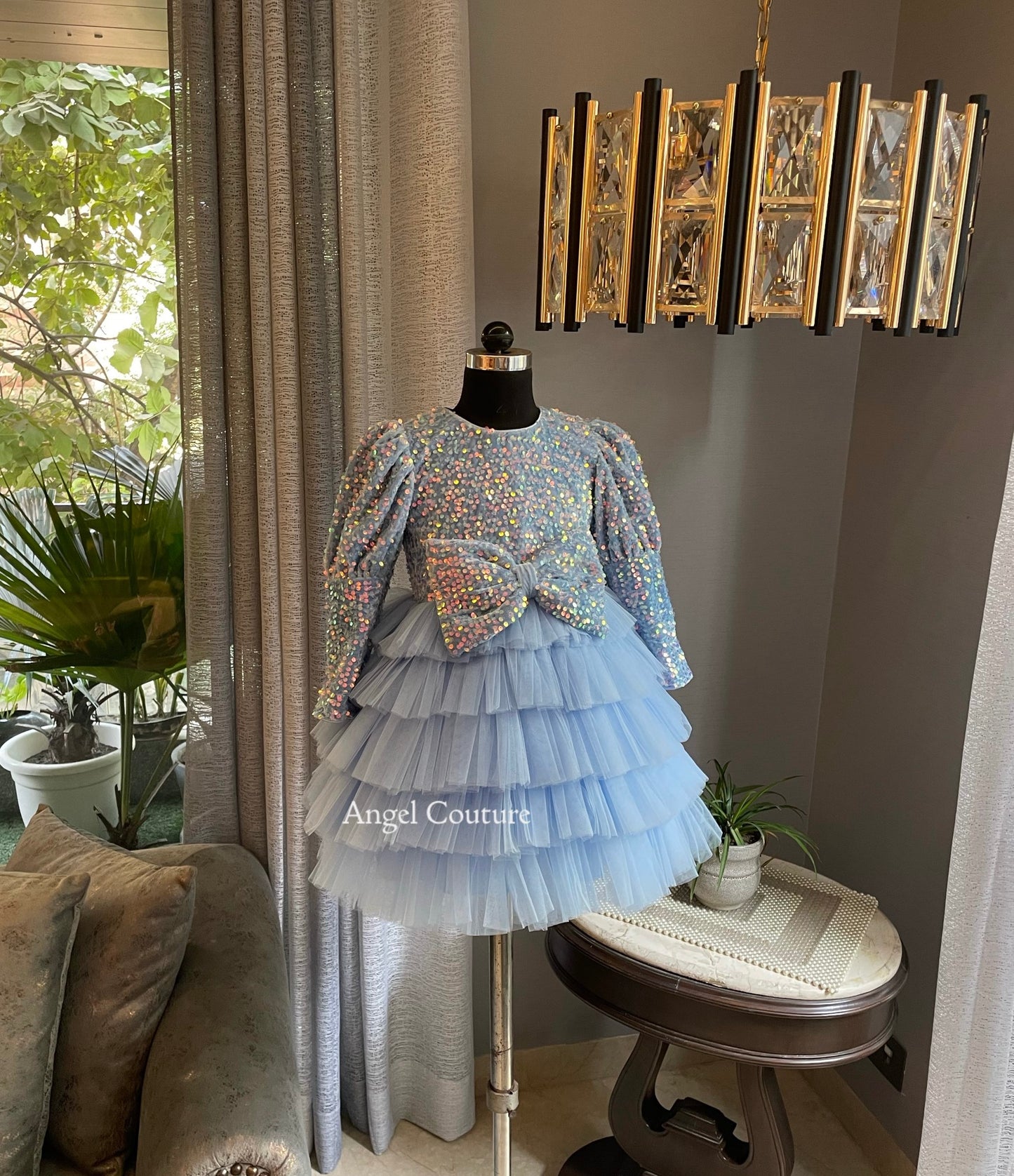Powder Blue Sequence Velvet Multilayer Dress