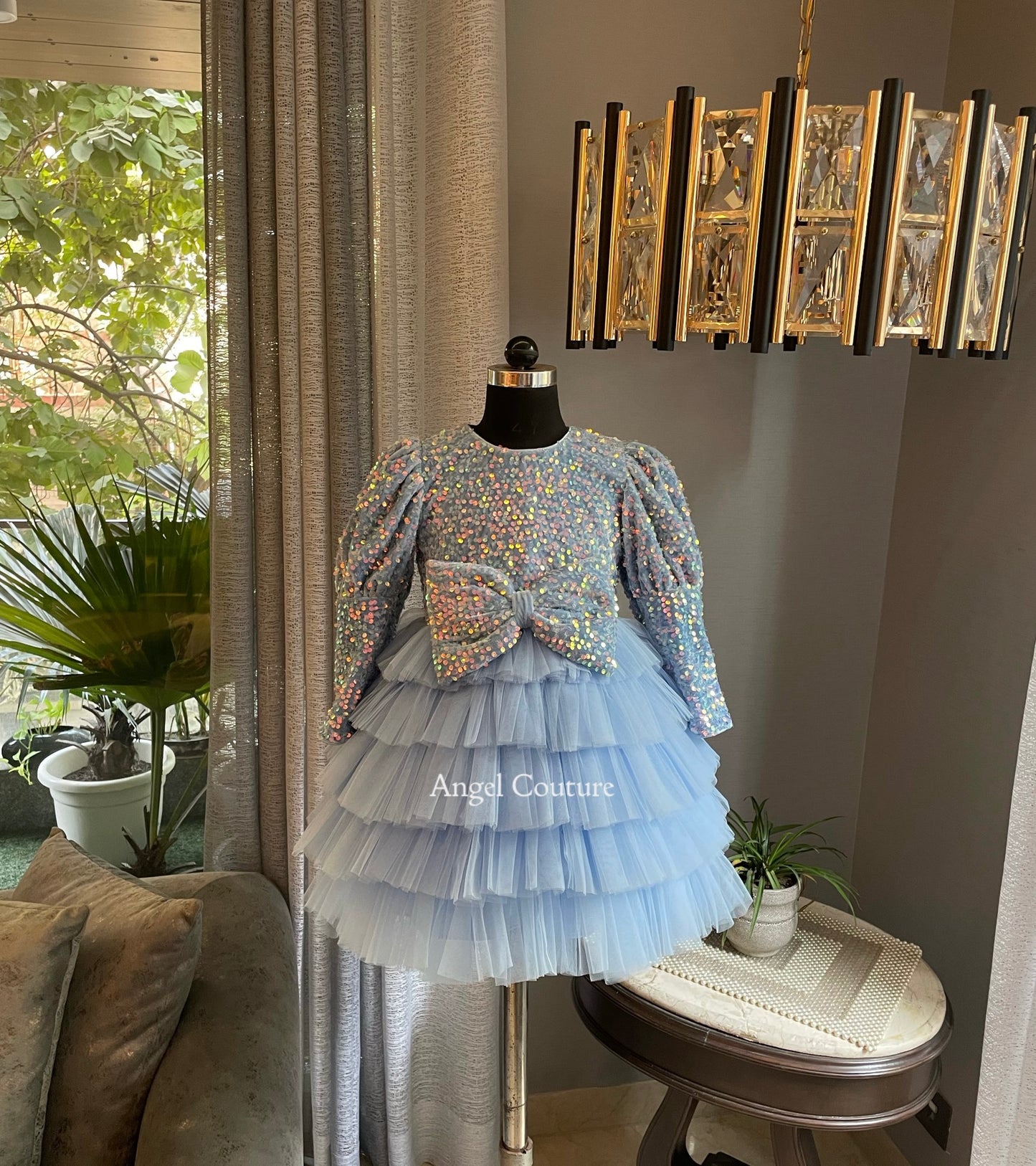 Powder Blue Sequence Velvet Multilayer Dress