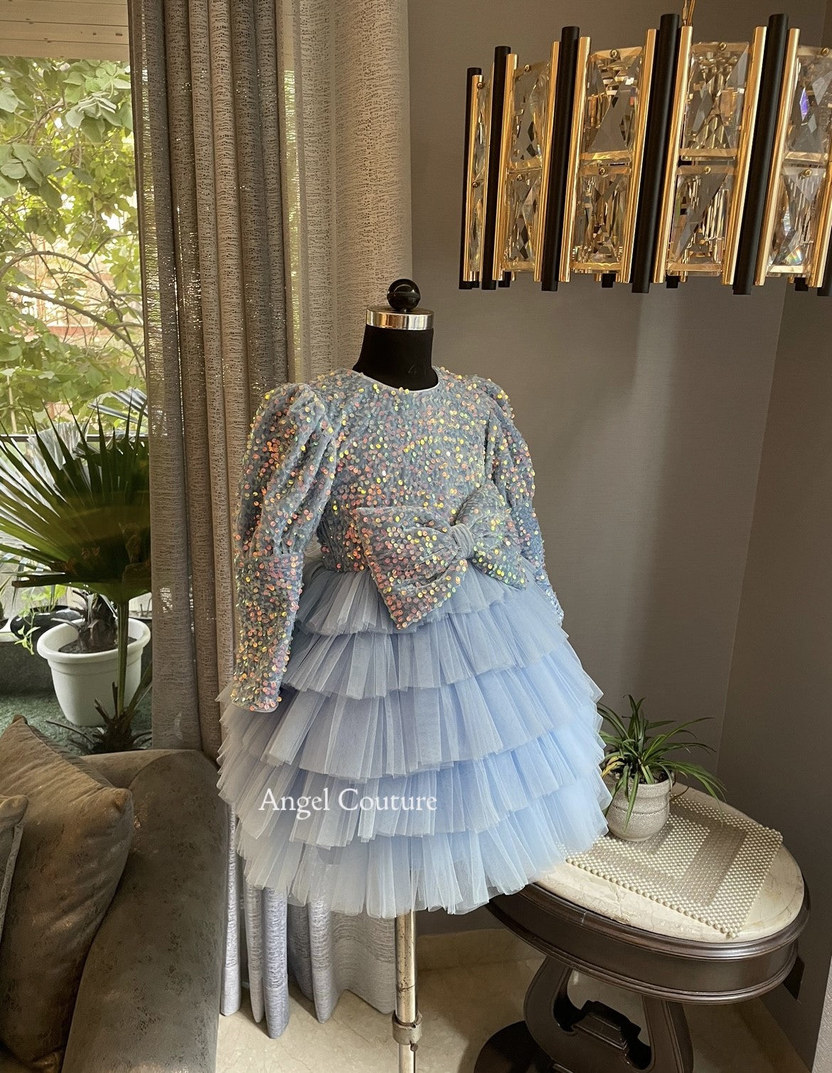 Powder Blue Sequence Velvet Multilayer Dress