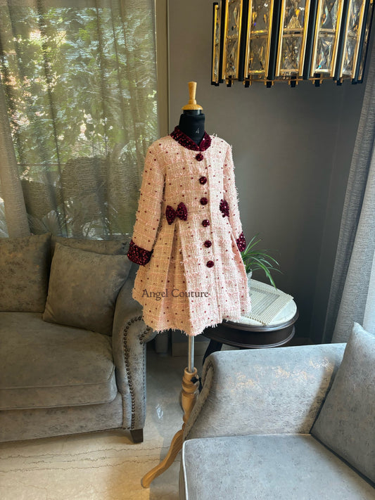 Baby Pink Maroon Dot Tweed Coat Dress