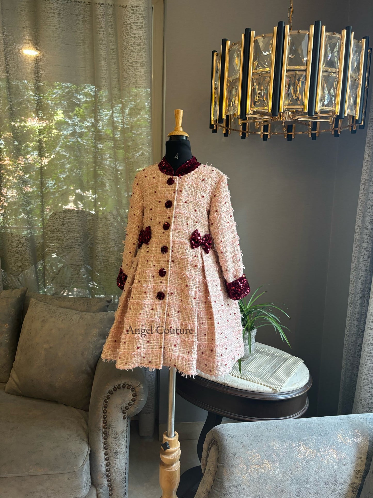 Baby Pink Maroon Dot Tweed Coat Dress