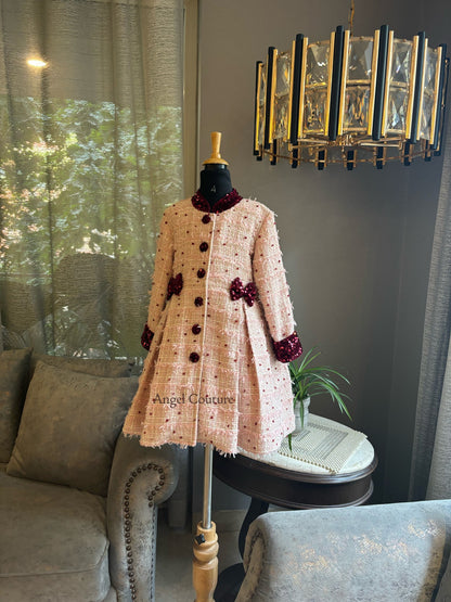 Baby Pink Maroon Dot Tweed Coat Dress