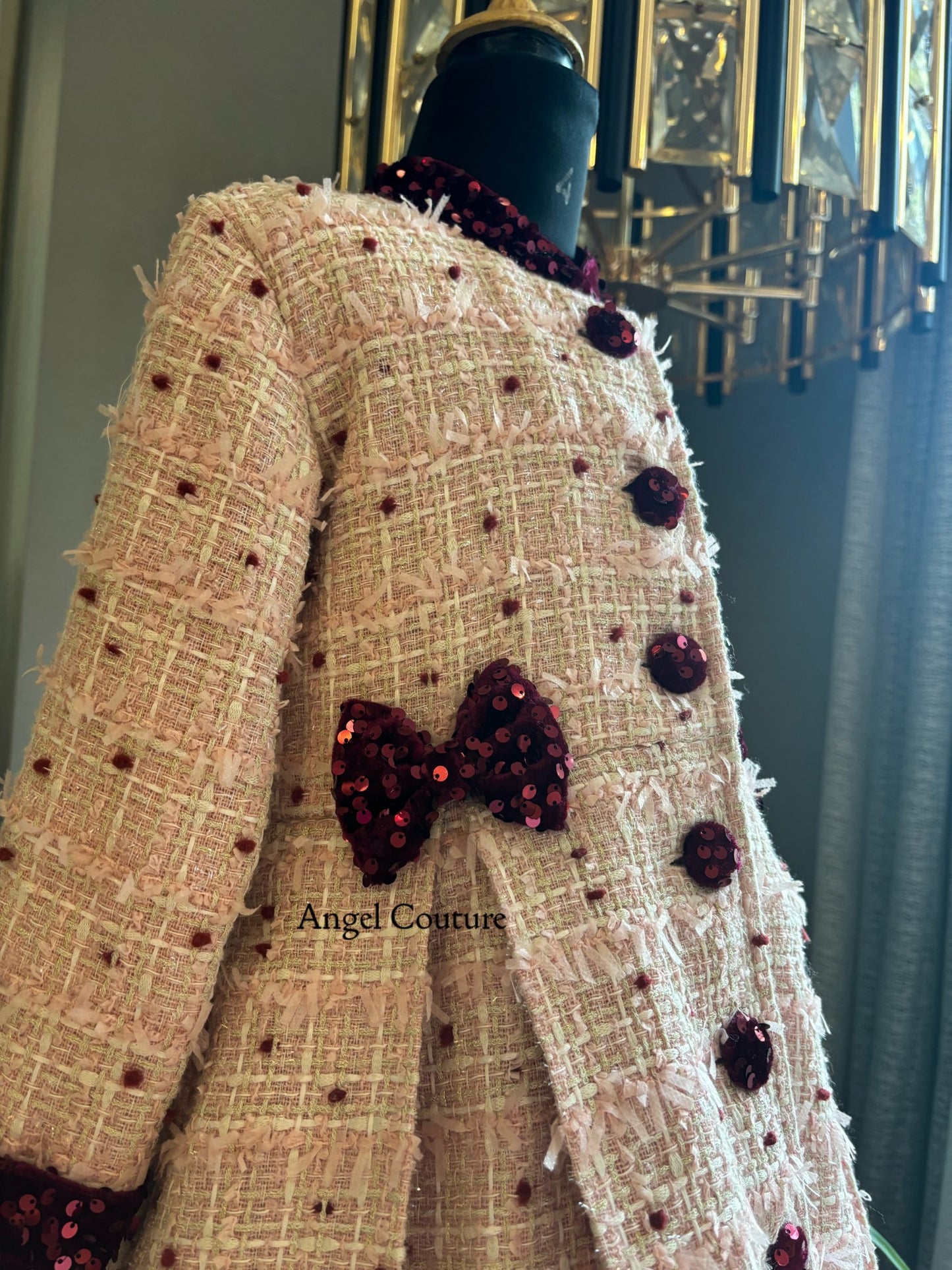 Baby Pink Maroon Dot Tweed Coat Dress