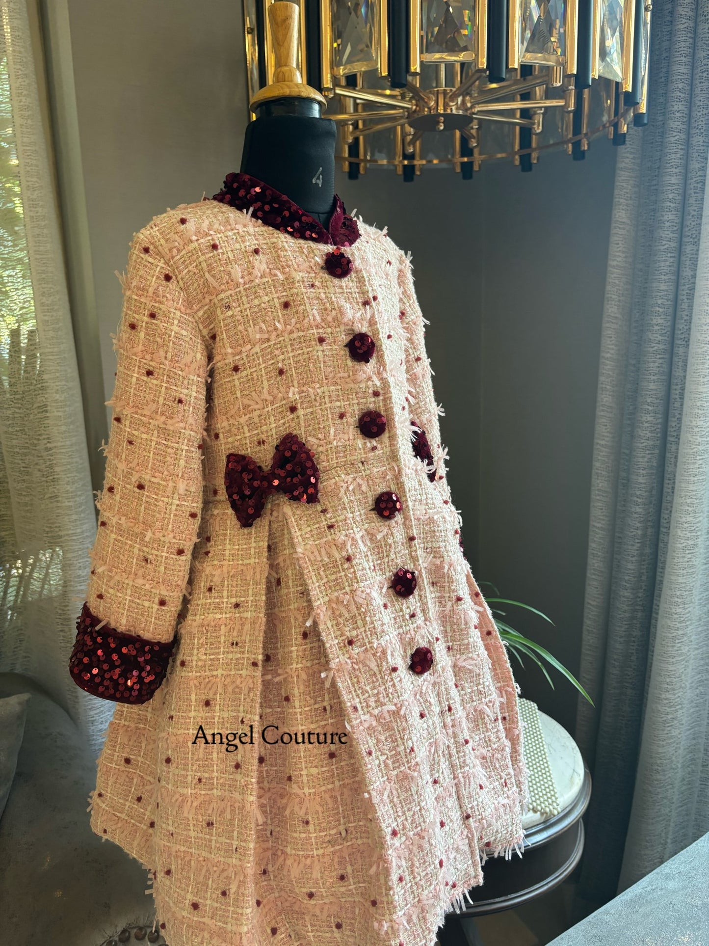 Baby Pink Maroon Dot Tweed Coat Dress