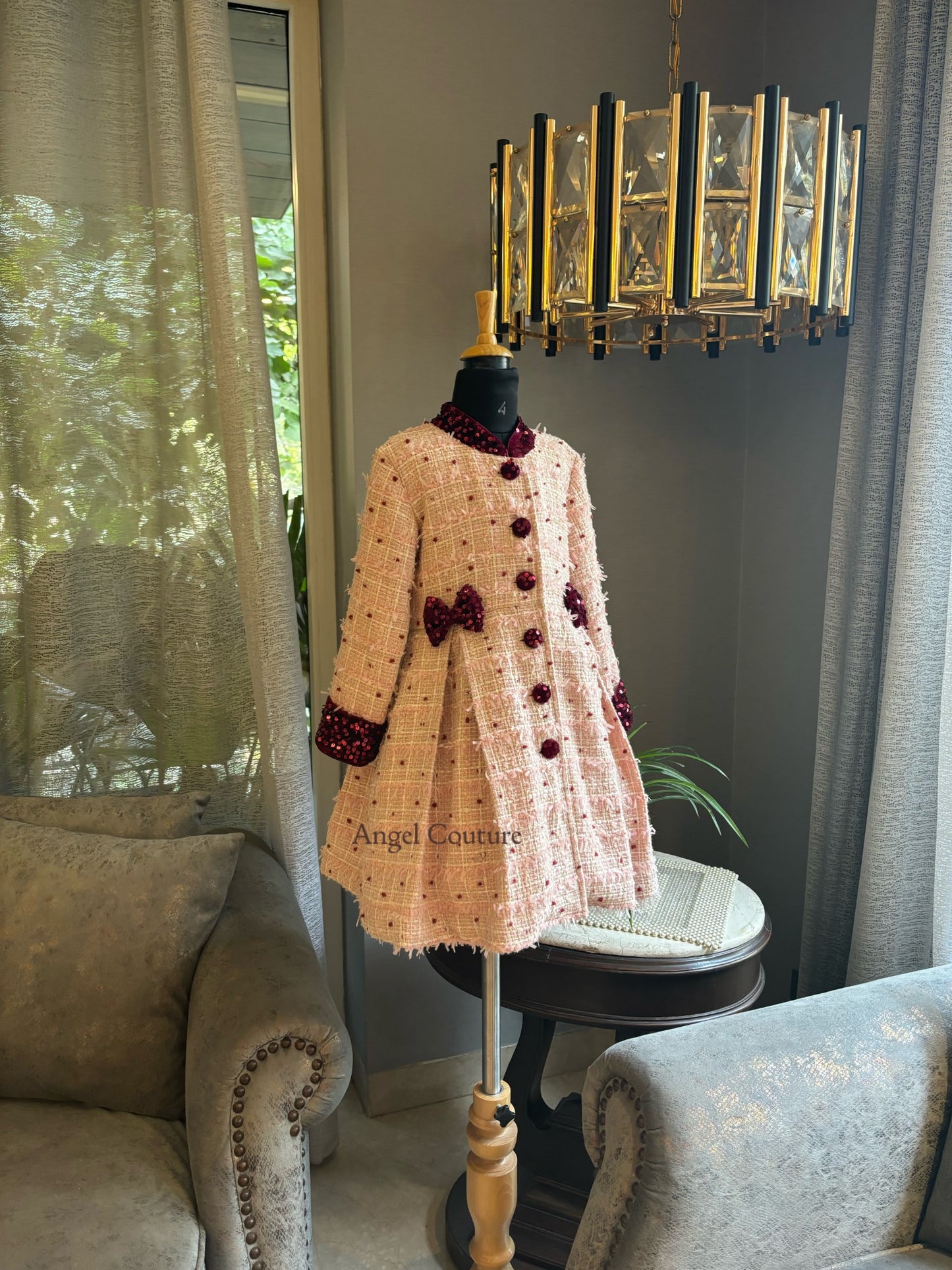 Baby Pink Maroon Dot Tweed Coat Dress