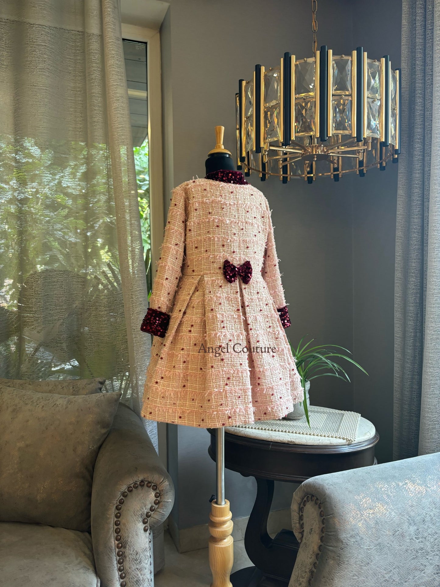 Baby Pink Maroon Dot Tweed Coat Dress