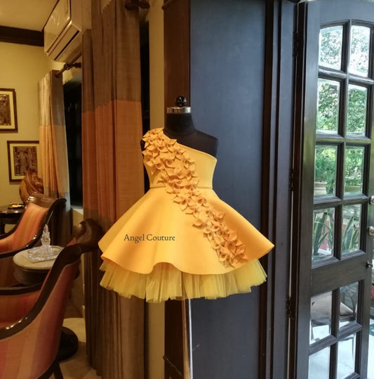 Yellow One Shoulder Falling Flowers Dress