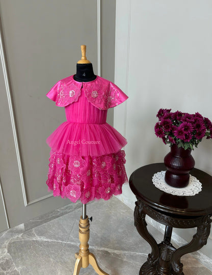 Fuchsia Pink Shoulder Cape Flower Dress