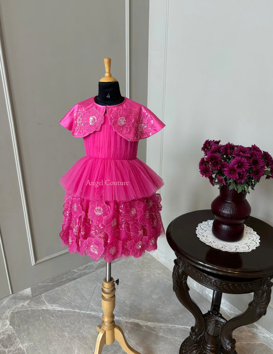 Fuchsia Pink Shoulder Cape Flower Dress
