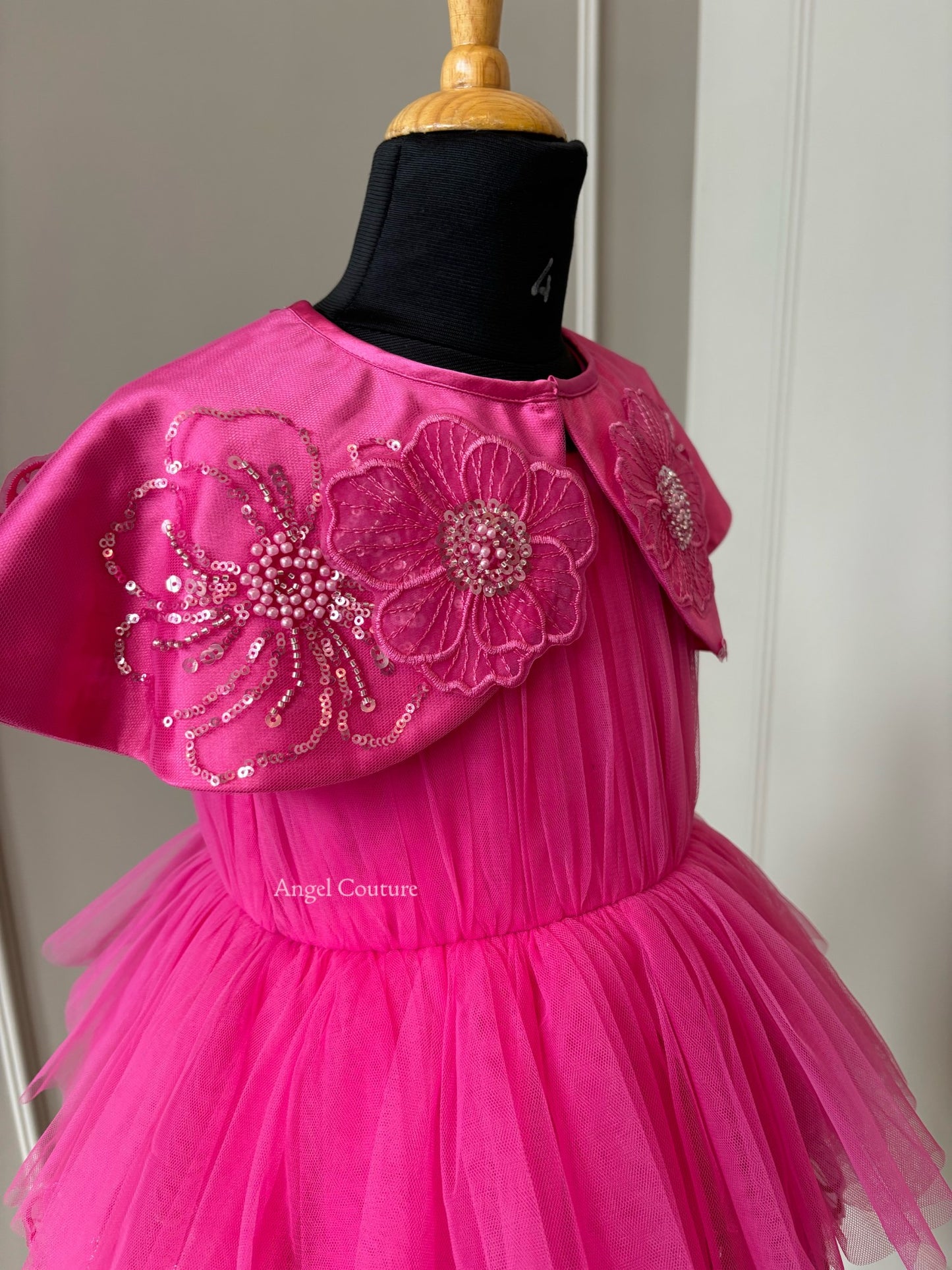 Fuchsia Pink Shoulder Cape Flower Dress