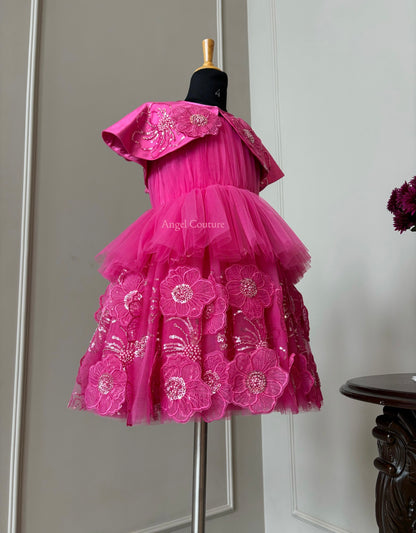 Fuchsia Pink Shoulder Cape Flower Dress
