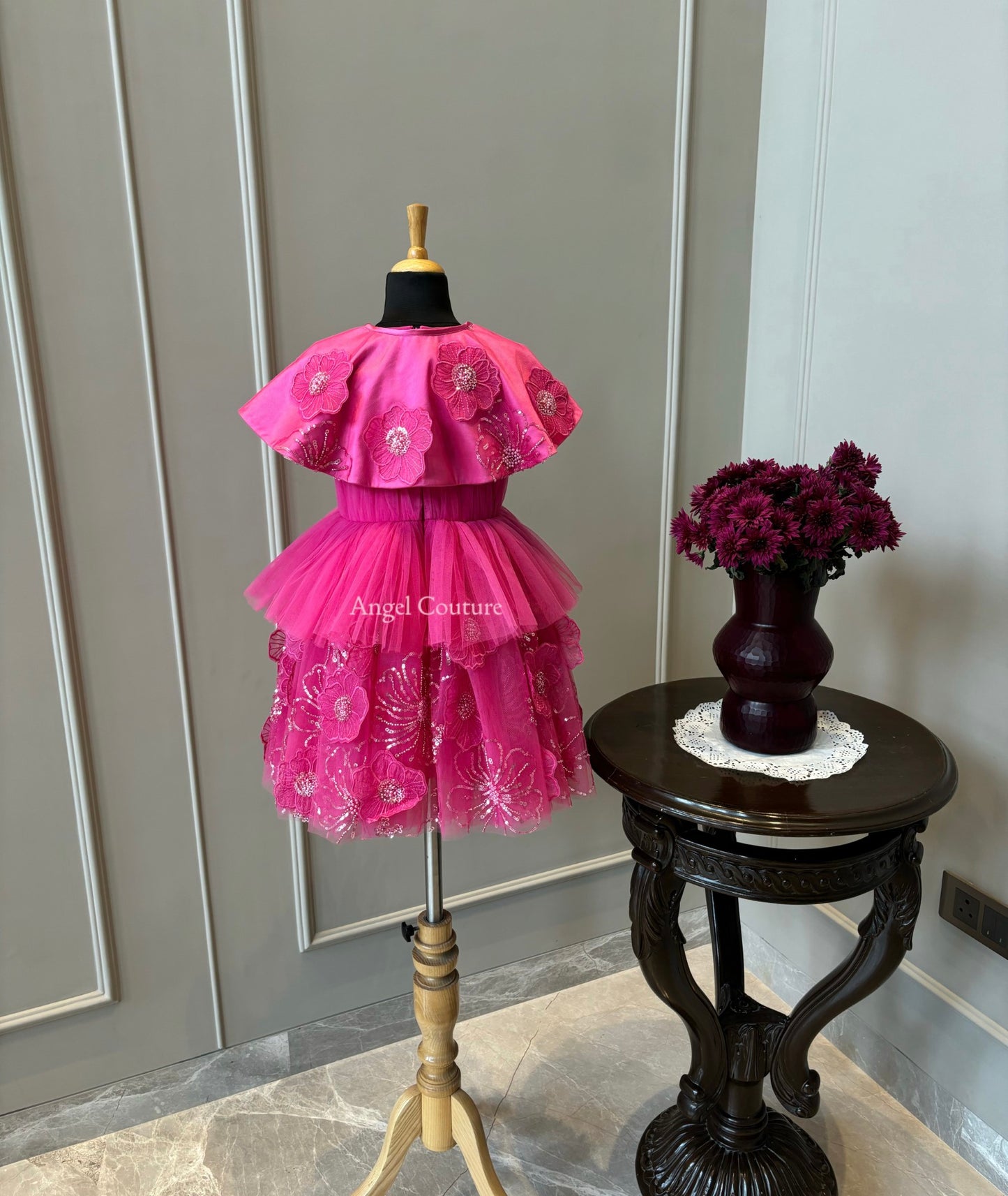 Fuchsia Pink Shoulder Cape Flower Dress