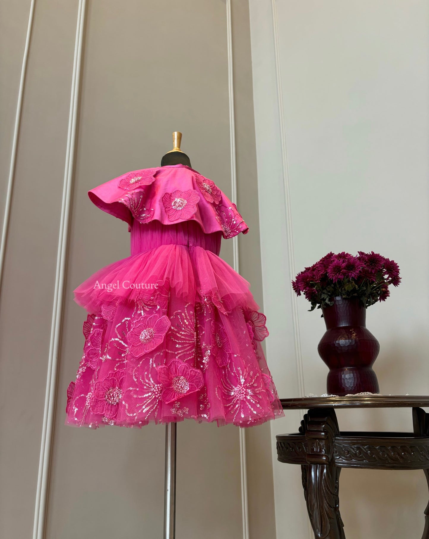 Fuchsia Pink Shoulder Cape Flower Dress