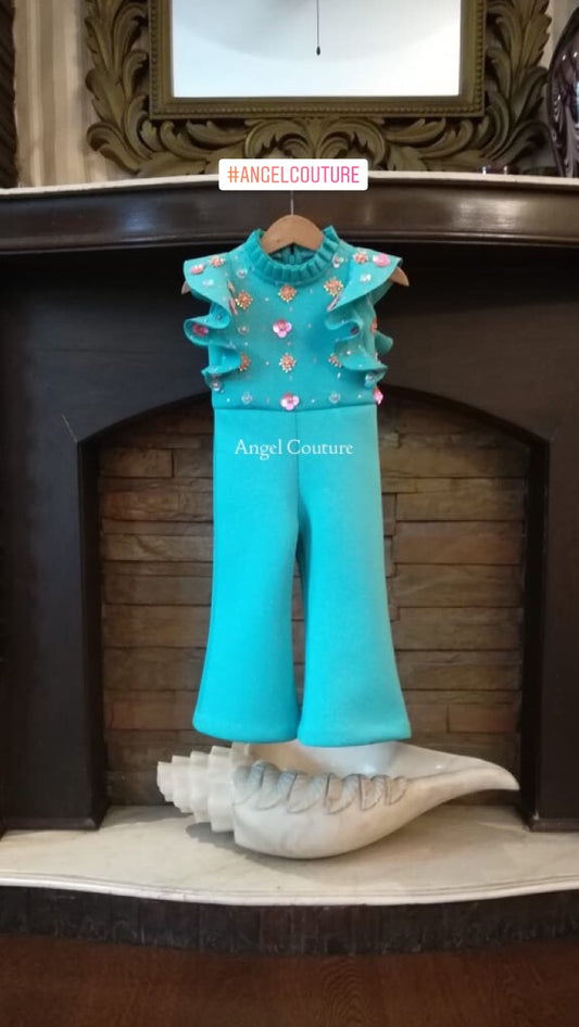Ice Blue Embroidery Flower Jumpsuit