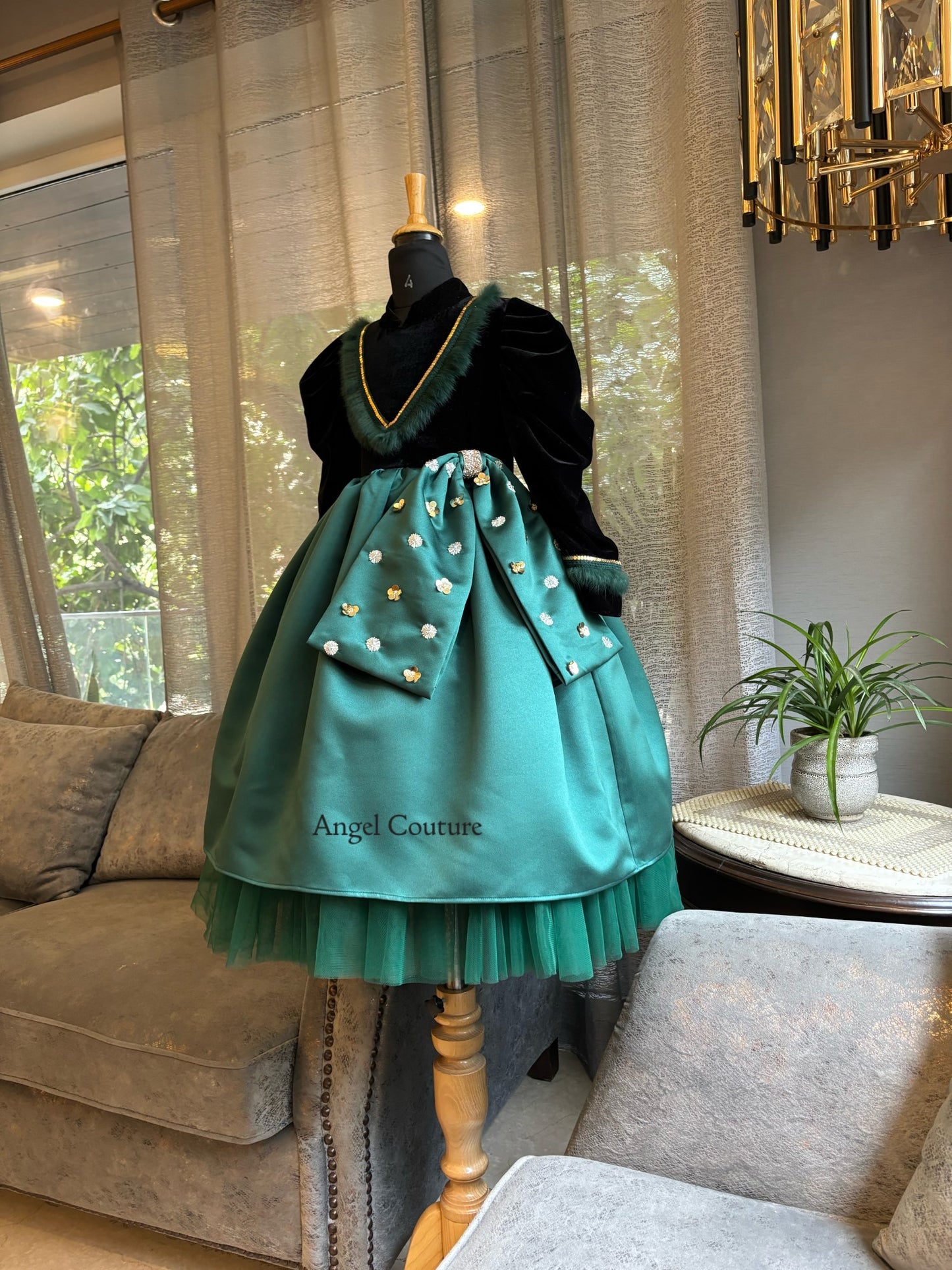 Black Emerald Green Hanging Bow Gown