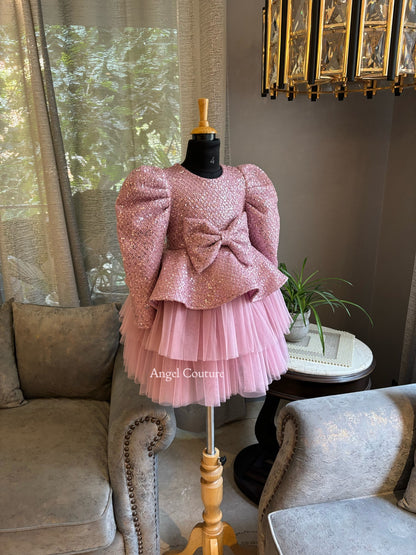 Onion Pink Sequence Bow Peplum Dress