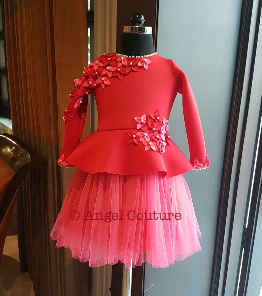 Red Fuchsia Pink Falling Flower Sleeve Peplum Dress