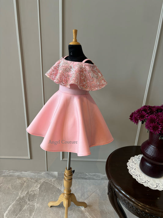 Baby Pink Silver Sequence Shoulder Drape Dress