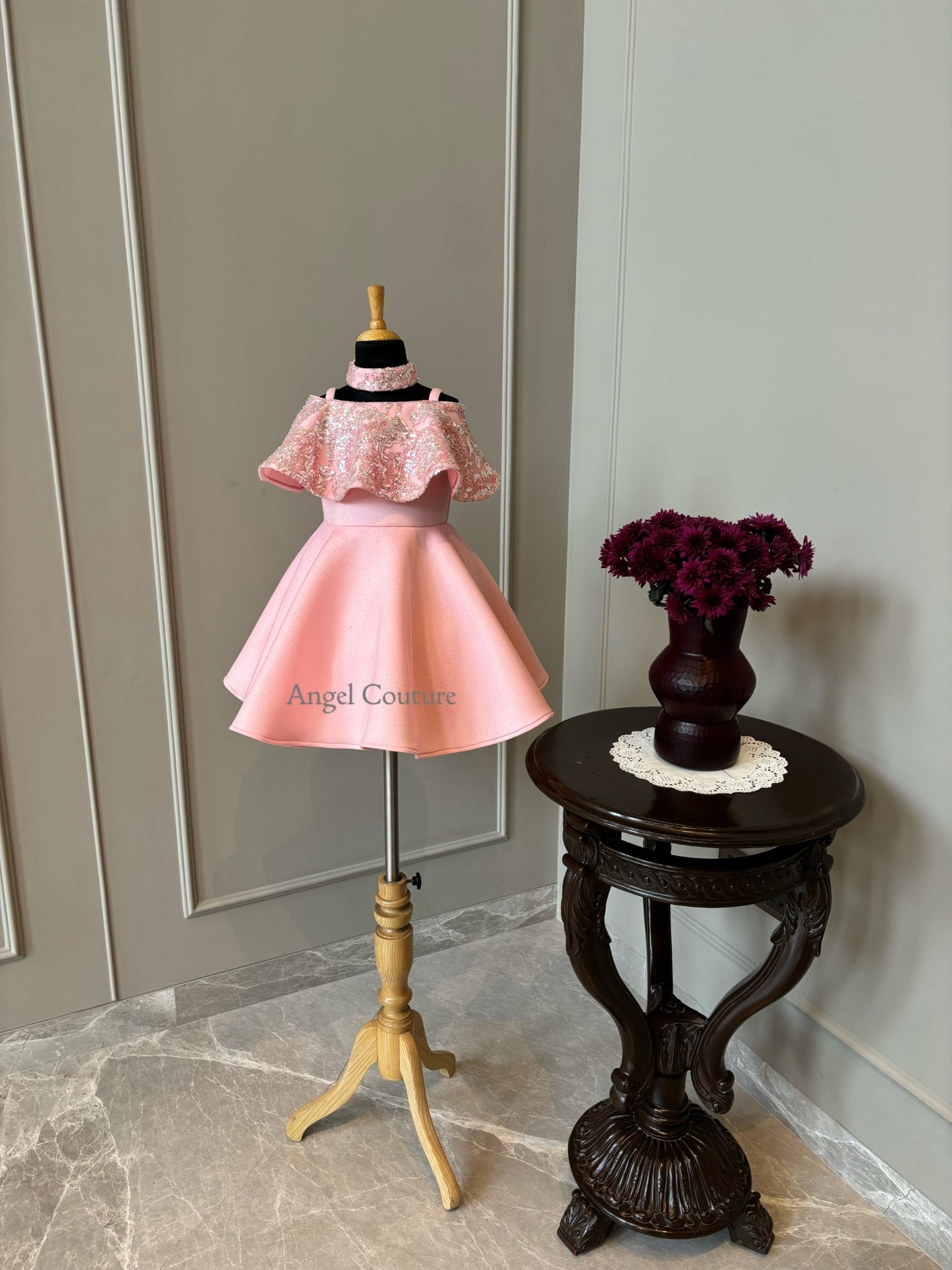 Baby Pink Silver Sequence Shoulder Drape Dress