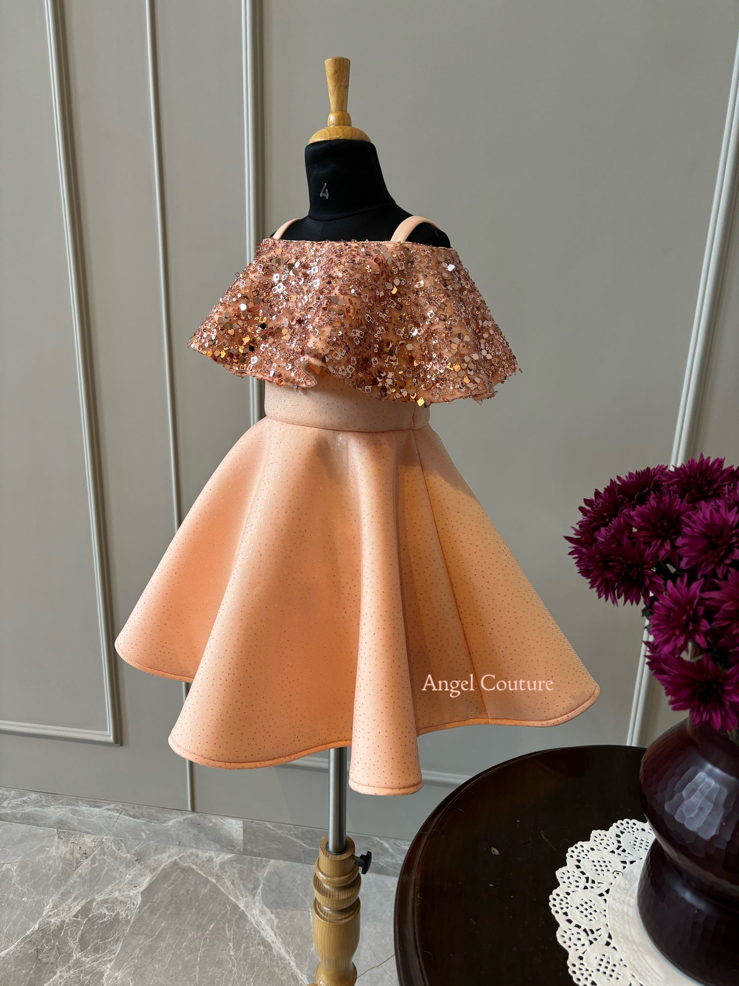 Peach Sequence Shoulder Drape Dress