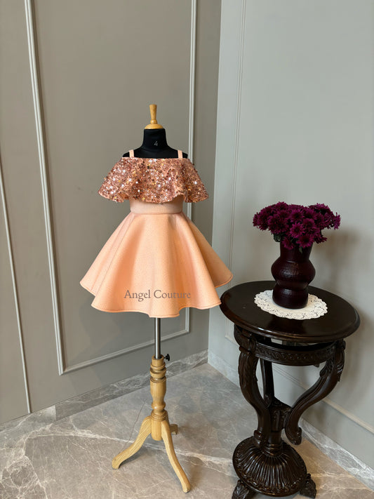 Peach Sequence Shoulder Drape Dress