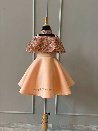 Peach Sequence Shoulder Drape Dress